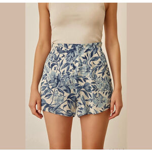 H&M Linen Blend Shorts Blue Floral Pull On Stretch Waist Flowy Sz M